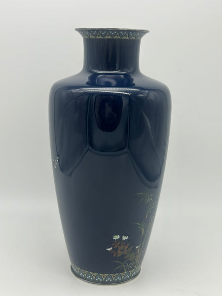 Japanese Cloisonne Vase. Hayashi Kodenji (1831-1915) Dark Blue, Flowers, Birds