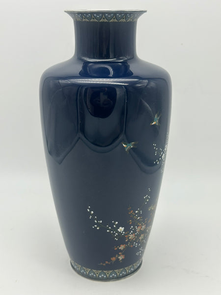 Japanese Cloisonne Vase. Hayashi Kodenji (1831-1915) Dark Blue, Flowers, Birds