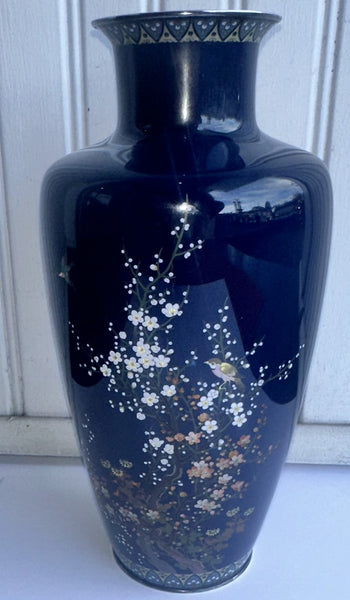 Japanese Cloisonne Vase. Hayashi Kodenji (1831-1915) Dark Blue, Flowers, Birds