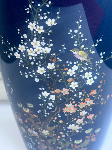 Japanese Cloisonne Vase. Hayashi Kodenji (1831-1915) Dark Blue, Flowers, Birds