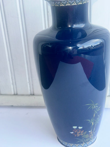 Japanese Cloisonne Vase. Hayashi Kodenji (1831-1915) Dark Blue, Flowers, Birds