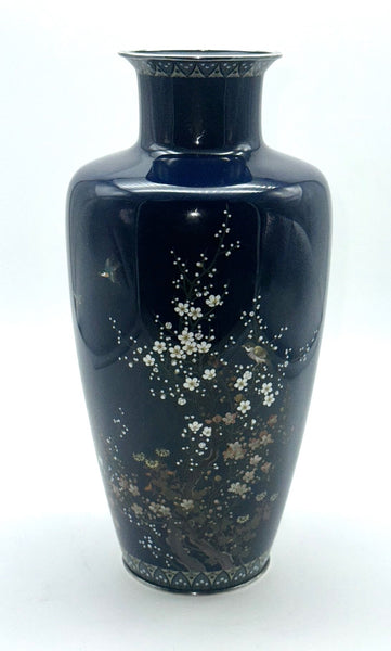 Japanese Cloisonne Vase. Hayashi Kodenji (1831-1915) Dark Blue, Flowers, Birds