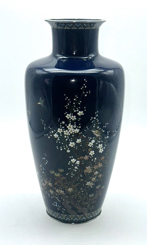Japanese Cloisonne Vase. Hayashi Kodenji (1831-1915) Dark Blue, Flowers, Birds