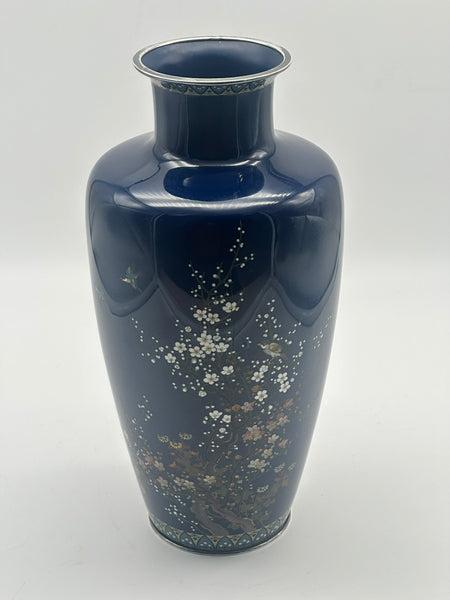 Japanese Cloisonne Vase. Hayashi Kodenji (1831-1915) Dark Blue, Flowers, Birds