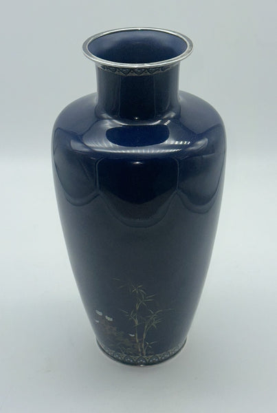 Japanese Cloisonne Vase. Hayashi Kodenji (1831-1915) Dark Blue, Flowers, Birds