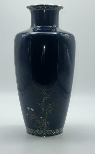Japanese Cloisonne Vase. Hayashi Kodenji (1831-1915) Dark Blue, Flowers, Birds