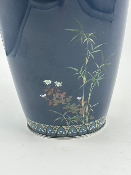 Japanese Cloisonne Vase. Hayashi Kodenji (1831-1915) Dark Blue, Flowers, Birds