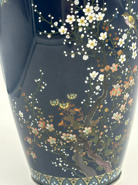 Japanese Cloisonne Vase. Hayashi Kodenji (1831-1915) Dark Blue, Flowers, Birds