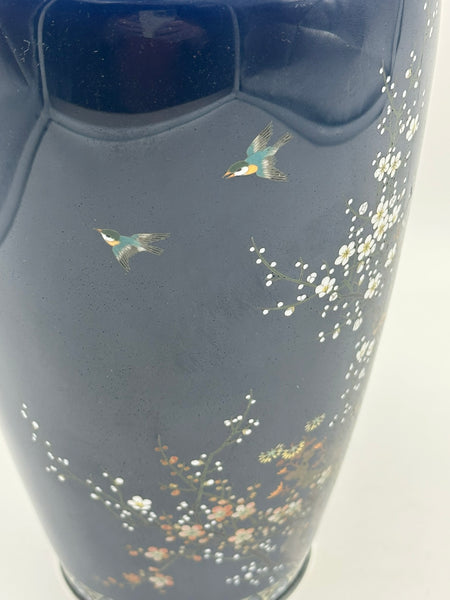 Japanese Cloisonne Vase. Hayashi Kodenji (1831-1915) Dark Blue, Flowers, Birds