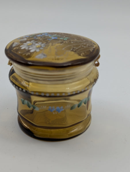 Bohemian Art Glass Dressing Table or Jewelry Box. Amber Glass Enamel Flowers
