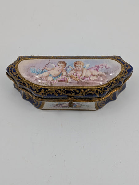 Dressing Table or Jewelry Box. French Sevres Porcelain. Cherubs. Signed Painay