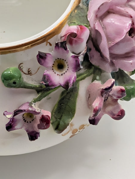 Miniature Teapot. German Meissen Porcelain Raised Flowers. 19th Century