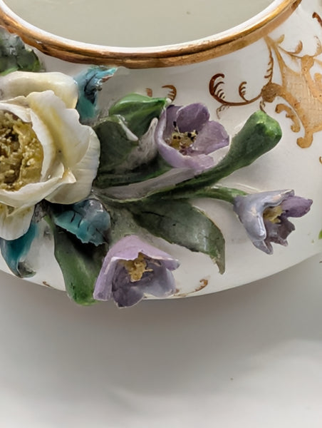 Miniature Teapot. German Meissen Porcelain Raised Flowers. 19th Century