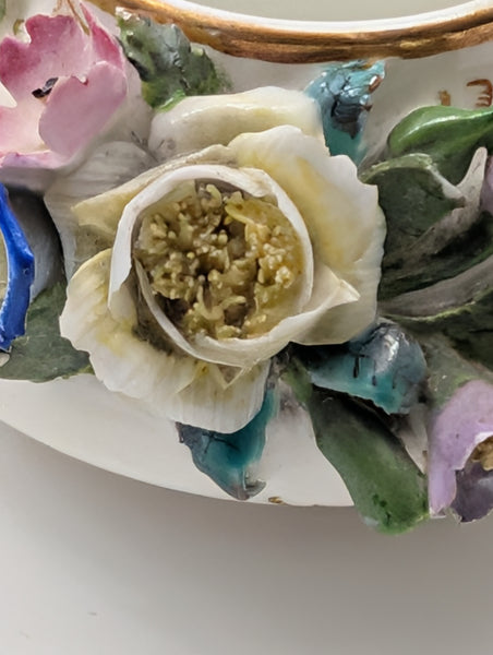 Miniature Teapot. German Meissen Porcelain Raised Flowers. 19th Century