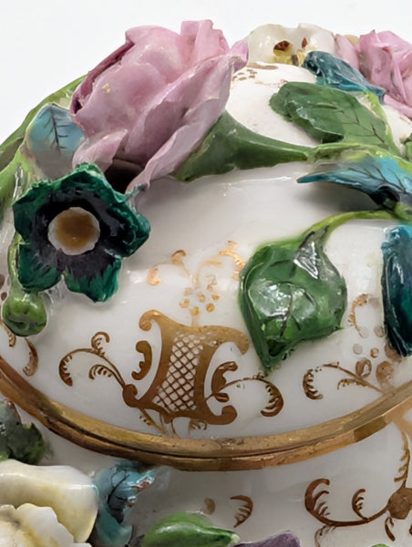 Miniature Teapot. German Meissen Porcelain Raised Flowers. 19th Century