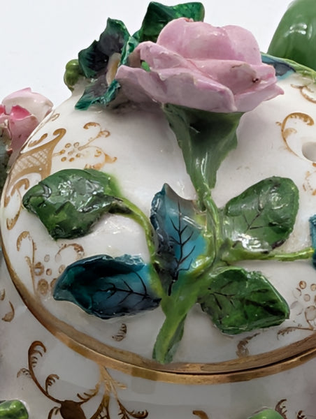 Miniature Teapot. German Meissen Porcelain Raised Flowers. 19th Century