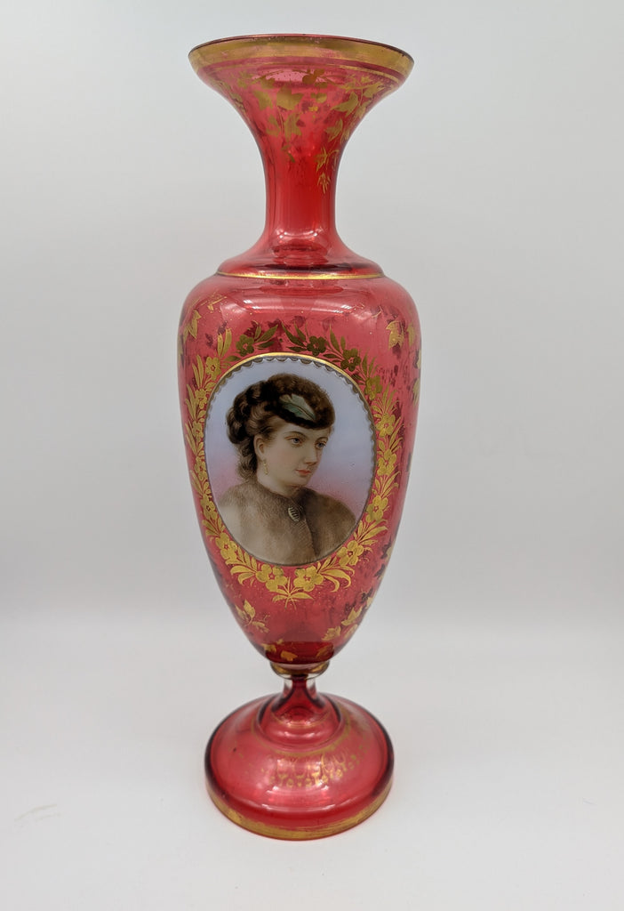 Bohemian Art Glass Vase. Cranberry with Portrait and Gilding. 19th C. 13 1/2" H