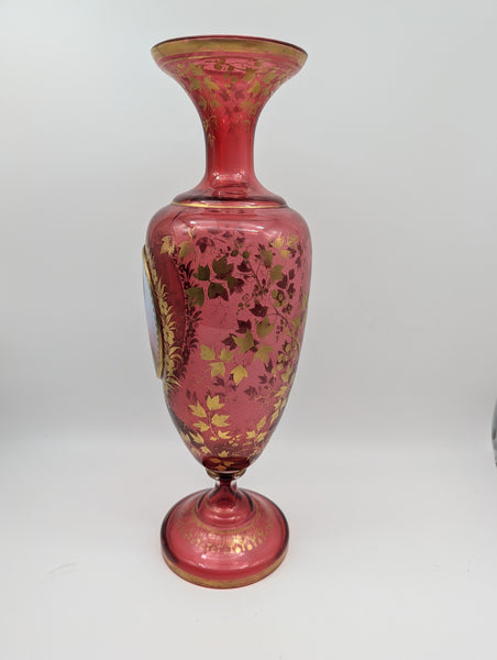 Bohemian Art Glass Vase. Cranberry with Portrait and Gilding. 19th C. 13 1/2" H