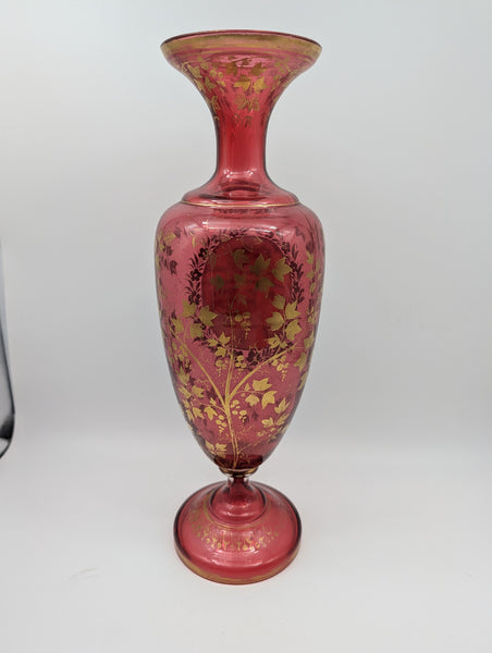 Bohemian Art Glass Vase. Cranberry with Portrait and Gilding. 19th C. 13 1/2" H