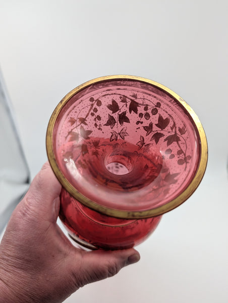 Bohemian Art Glass Vase. Cranberry with Portrait and Gilding. 19th C. 13 1/2" H
