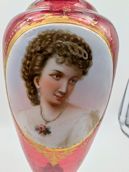 Bohemian Art Glass Vase. Cranberry with Portrait and Gilding. 19th C. 14" H