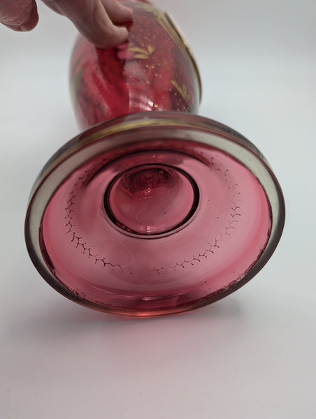 Bohemian Art Glass Vase. Cranberry with Portrait and Gilding. 19th C. 14" H