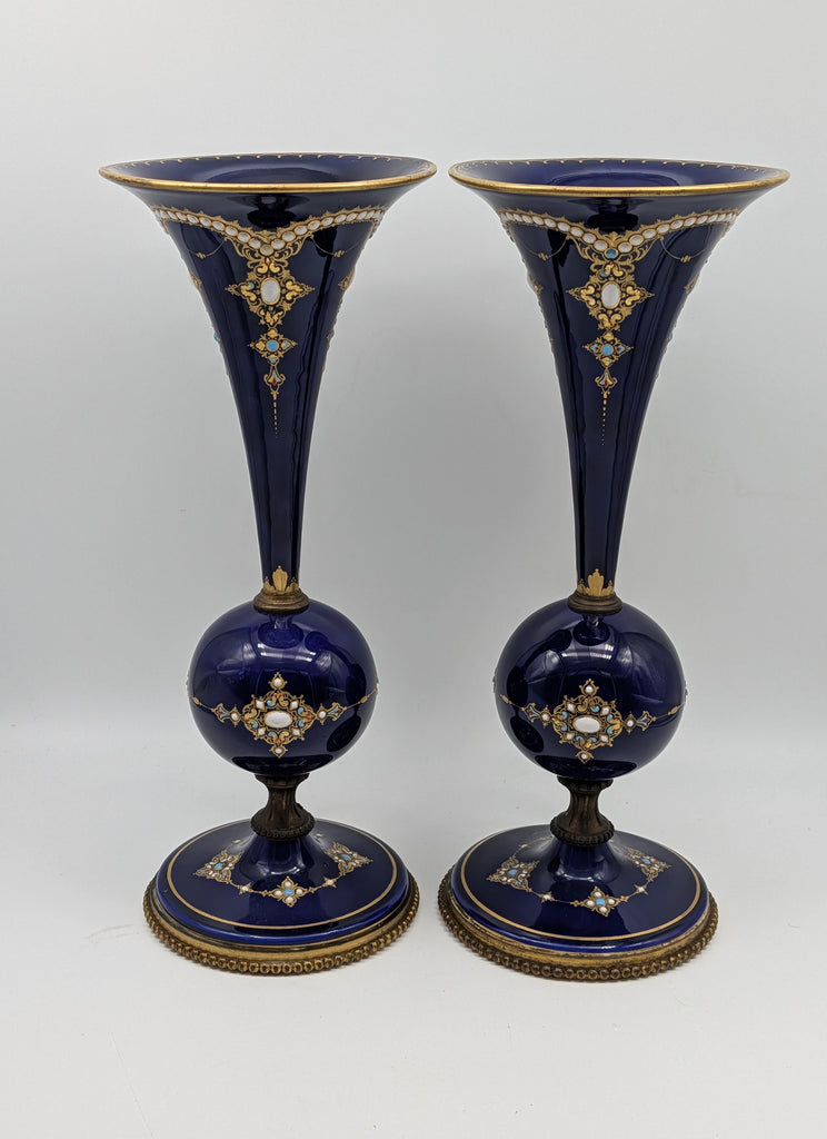 Pair of French Sevres Porcelain Vases. Cobalt Blue and Gold Raised Enamel 19th C