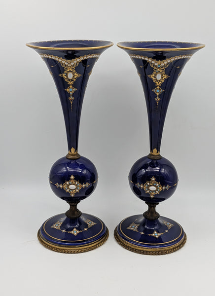 Pair of French Sevres Porcelain Vases. Cobalt Blue and Gold Raised Enamel 19th C
