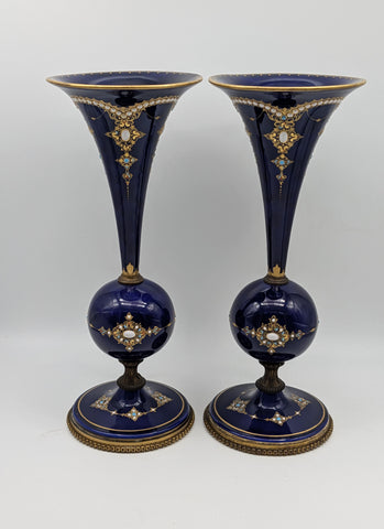 Pair of French Sevres Porcelain Vases. Cobalt Blue and Gold Raised Enamel 19th C