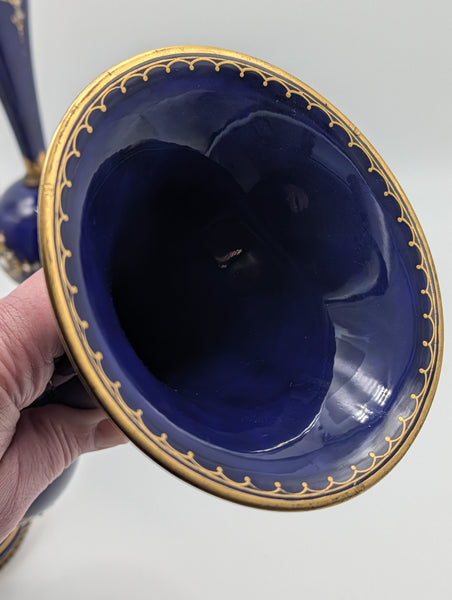 Pair of French Sevres Porcelain Vases. Cobalt Blue and Gold Raised Enamel 19th C