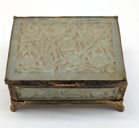 Chinese Serpentine Jade Box. Pierced Flowers and Leaves. Circa 1920.