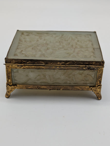 Chinese Serpentine Jade Box. Pierced Flowers and Leaves. Circa 1920.