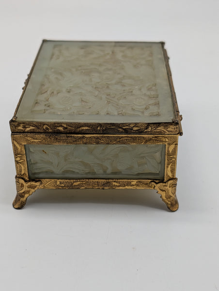 Chinese Serpentine Jade Box. Pierced Flowers and Leaves. Circa 1920.