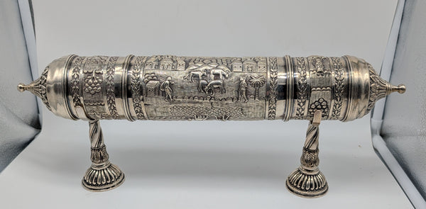 Cylinder Document Box Large Scroll Holder on Stands. India 925 Silver. 17 1/2"