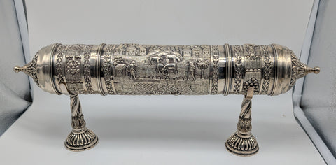 Cylinder Document Box Large Scroll Holder on Stands. India 925 Silver. 17 1/2"