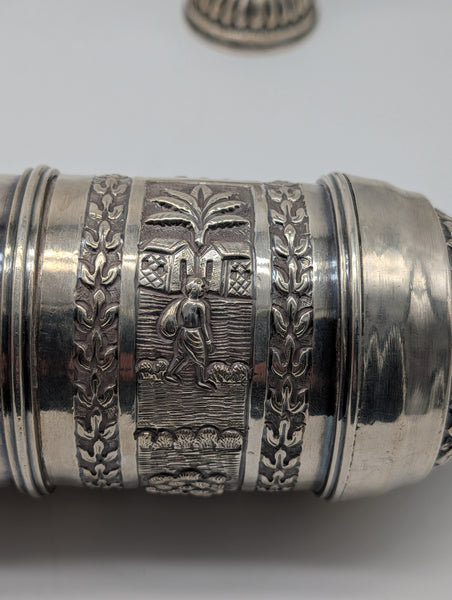 Cylinder Document Box Large Scroll Holder on Stands. India 925 Silver. 17 1/2"
