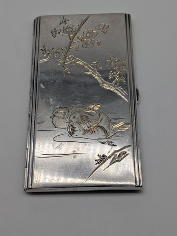 Cigarette Case. Japanese .960 Silver. K. Uyeda. Mandarin Ducks Cherry Blossoms