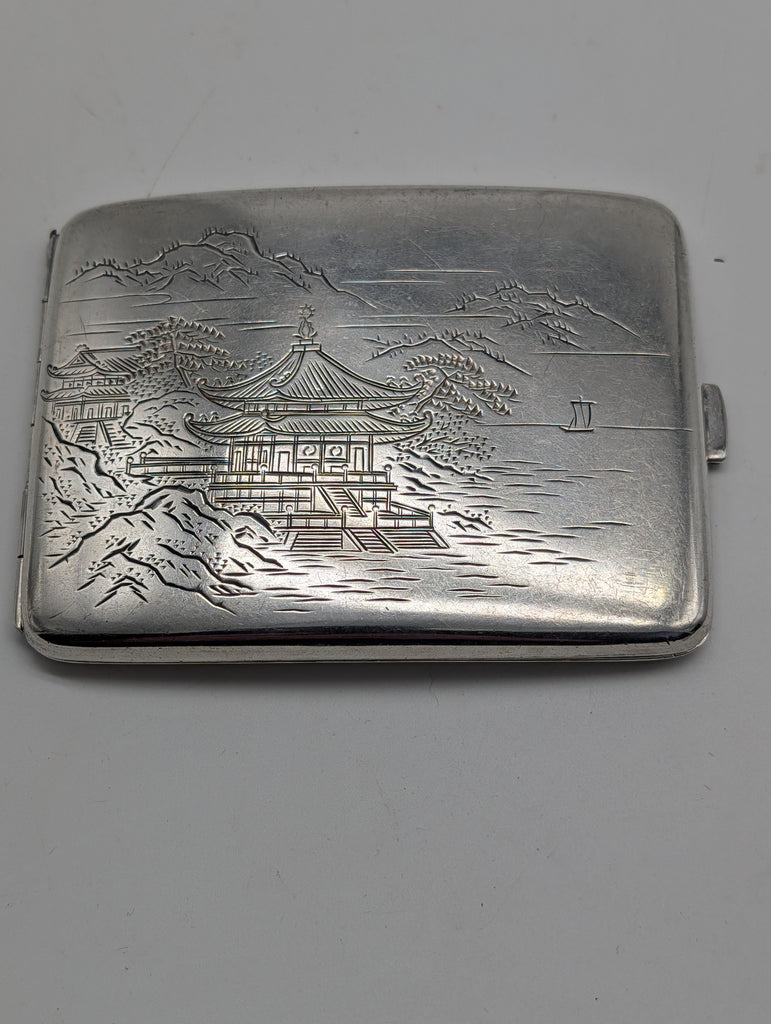 Vintage Japanese .950 Silver Cigarette Case. Pagoda Mountains. YUBI.