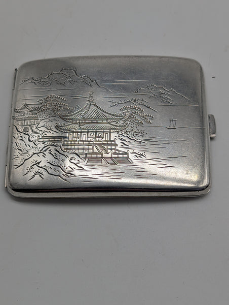 Vintage Japanese .950 Silver Cigarette Case. Pagoda Mountains. YUBI.