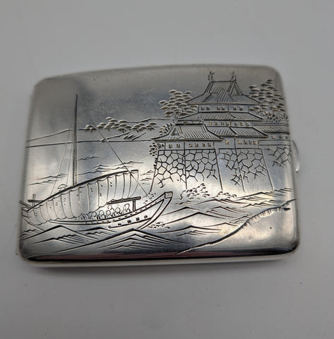Cigarette Case. Japanese 950 Silver. Palace on Cliff with Boat in Water