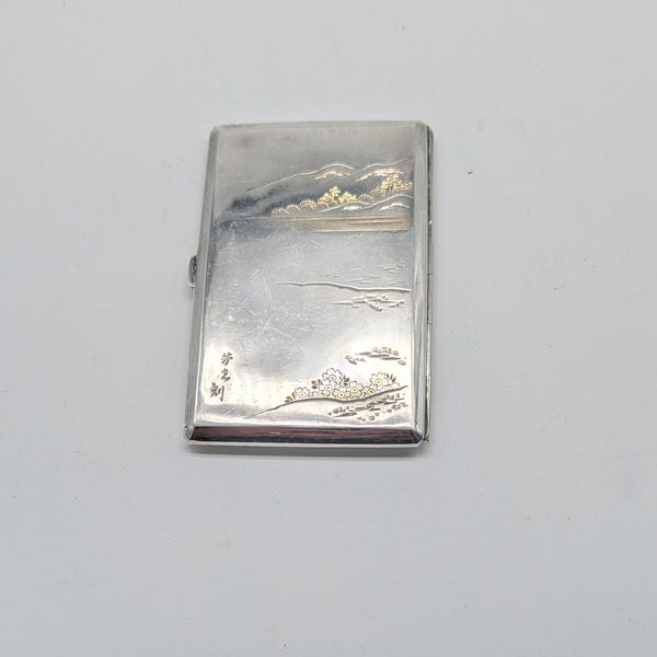 Cigarette Case. Japanese 950 Silver. Geisha, Bridge, Pagoda. Gilding and Niello