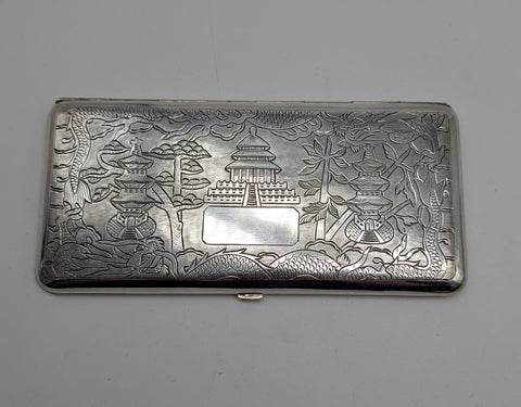 Large Cigarette Card Case. Japanese Silver. Pagoda, Trees, Dragon, Mt. Fuji.