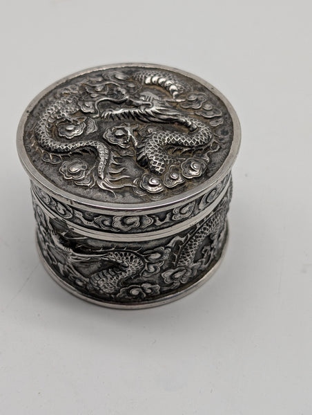 Circular Dragon Box. Chinese Export Silver. Tuck Chang. 3" D X 2" H
