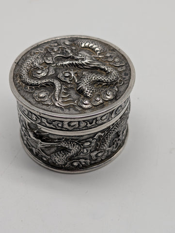 Circular Dragon Box. Chinese Export Silver. Tuck Chang. 3" D X 2" H