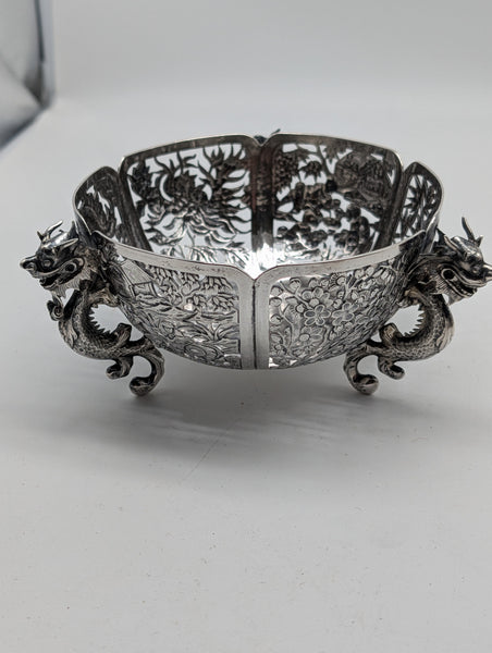 Chinese Export Silver Pierced Dragon Bowl. WC Maker Mark. Circa 1890