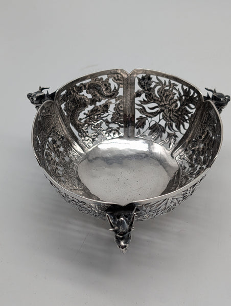 Chinese Export Silver Pierced Dragon Bowl. WC Maker Mark. Circa 1890