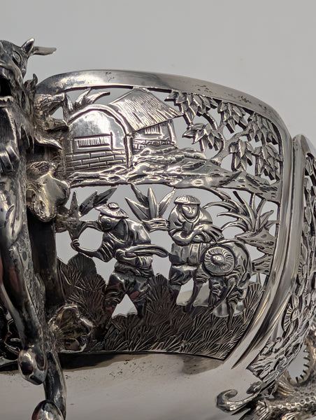 Chinese Export Silver Pierced Dragon Bowl. WC Maker Mark. Circa 1890