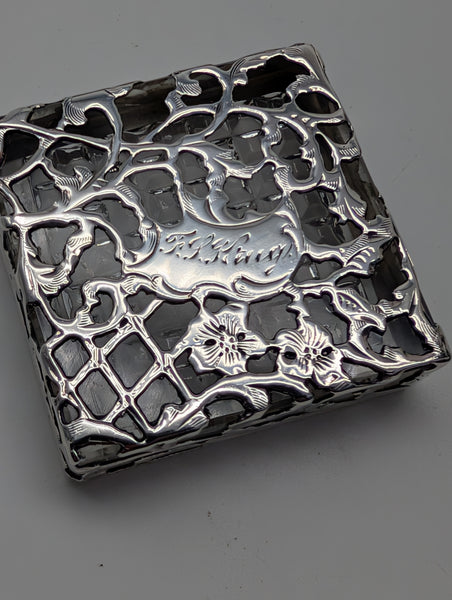 Antique Inkwell. Crystal Bottle with Sterling Silver Overlay. 2 1/4" 2 1/4"