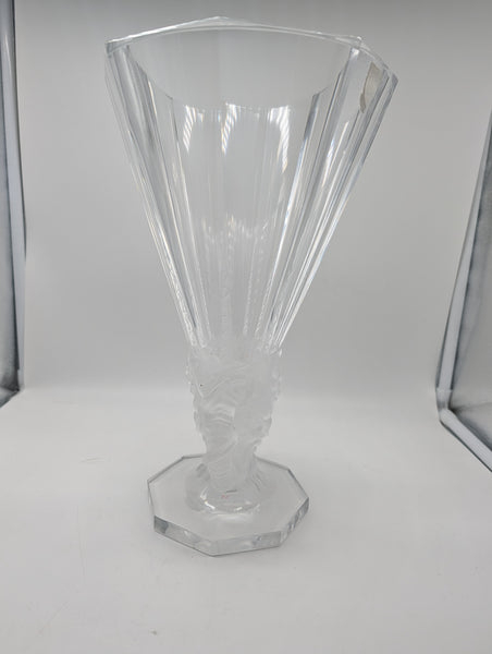 Tall Vase. French Art Glass Lalique Mesanges Pattern. Post 1945. 12 1/2"