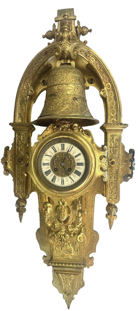 Large French Cartel Wall Clock. Gilt Bronze Case. Enamel Dial. 19th C. 36" H